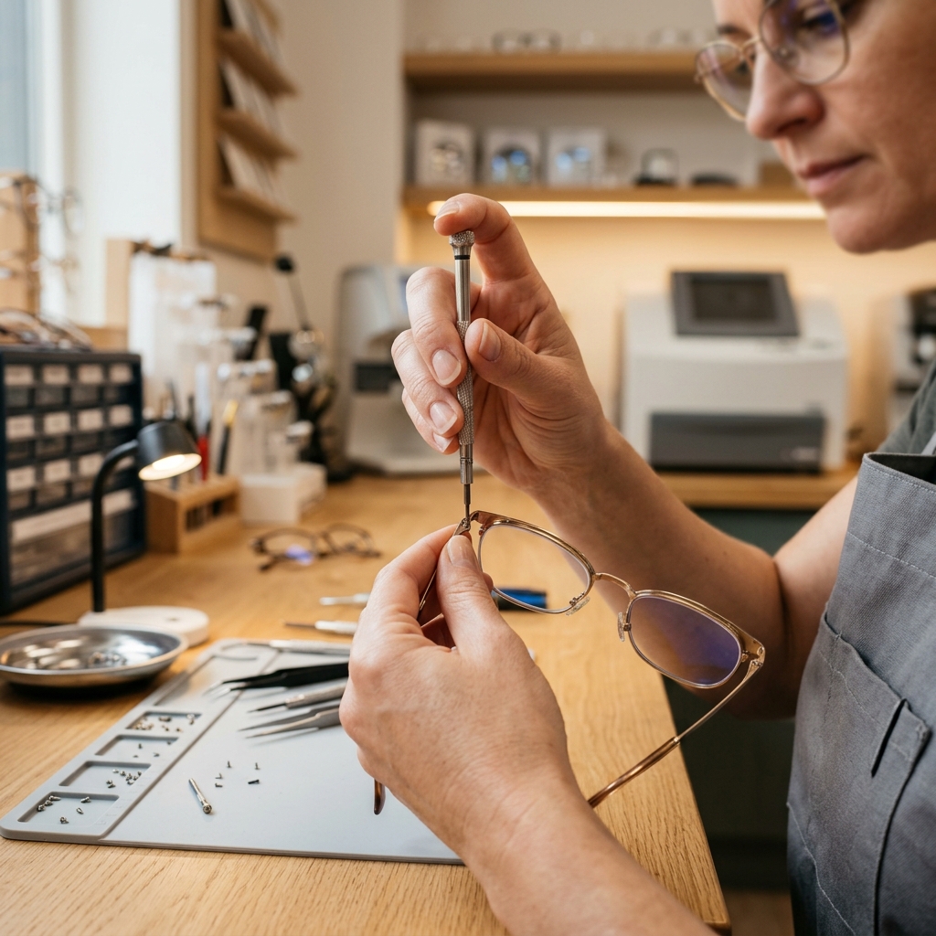 Técnico realizando solda precisa em óculos